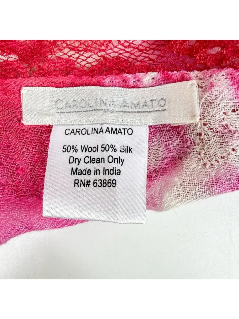 Carolina Amato Pink Red Fuschia Lace Applique Wool Silk Scarf Shawl Wool Silk